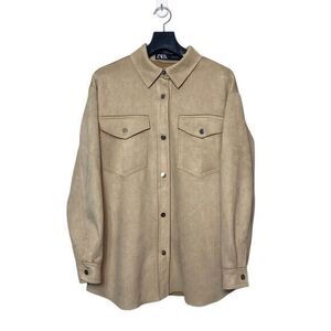 Zara Faux Suede Snap Front Overshirt Jacket Womens‎ Small Beige Pockets